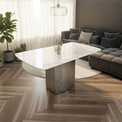 Luxury Lucca White Marble Dining Table With Hammered Metal Block Base