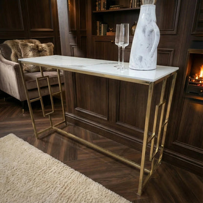 Luxury Nori Art Deco Design Gold Console Table With 120x40cm Polar White Stone Top