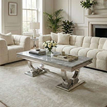 Luxury Orvar 130cm Chrome Coffee Table With Light Grey Marble Top And Ring Stand
