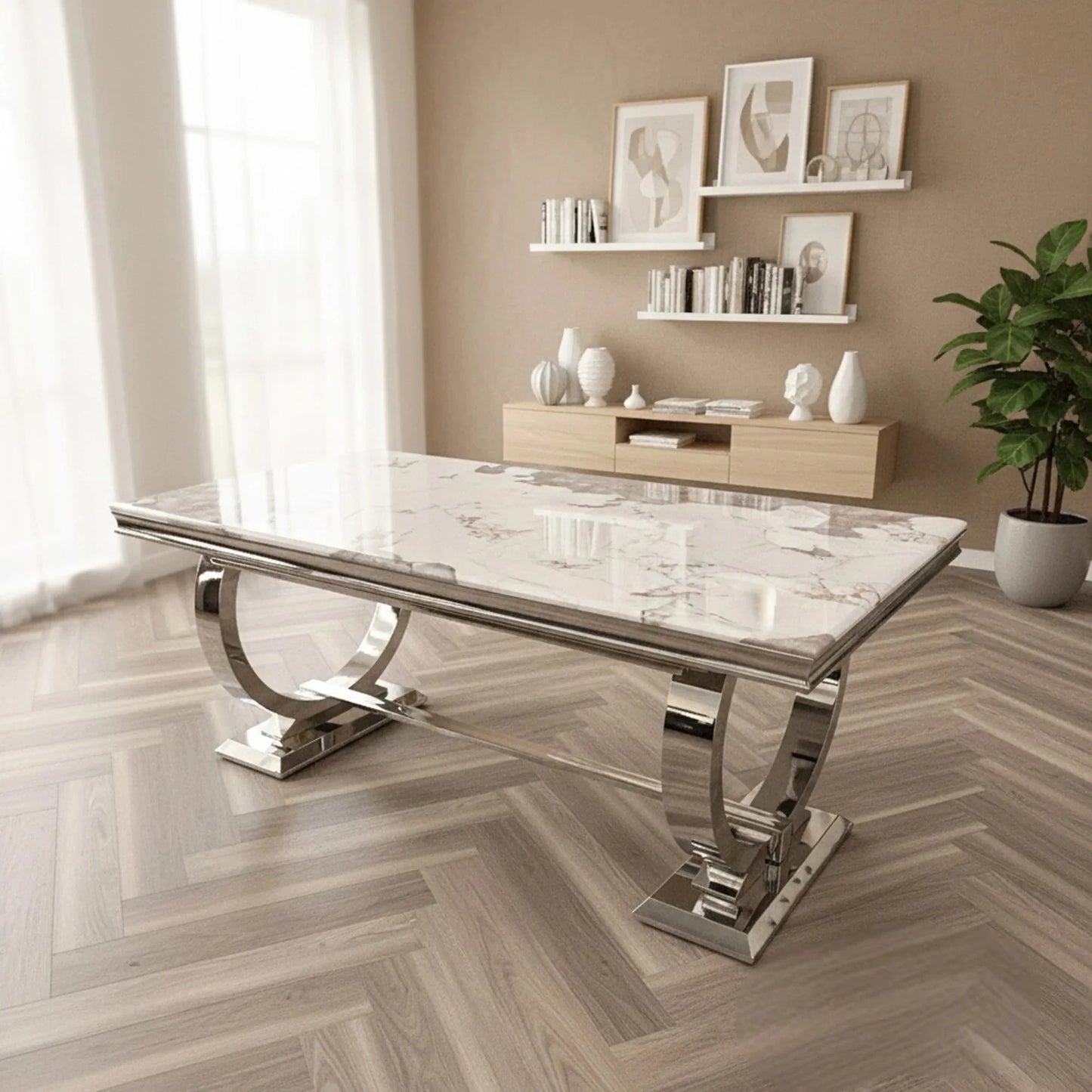 Luxury Orvar 180cm Marble Dining Table With Double Ring Chrome Base