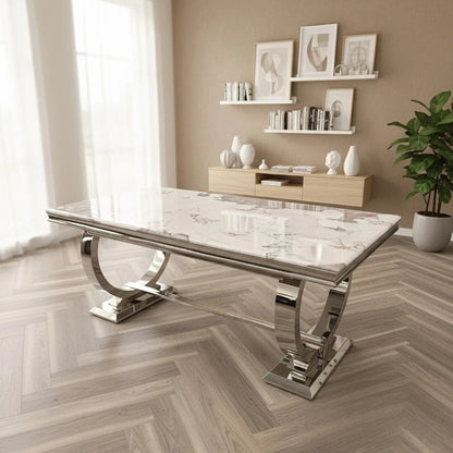 Luxury Orvar 180cm Marble Dining Table With Double Ring Chrome Base