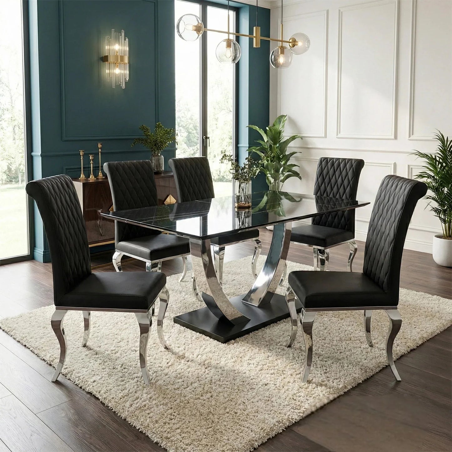 Luxury Valdemar 1.6m Black Sintered Stone Dining Set Chrome Pedestal Base With Niklas Leather Chairs
