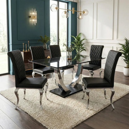 Luxury Valdemar 1.6m Black Sintered Stone Dining Set Chrome Pedestal Base With Niklas Leather Chairs
