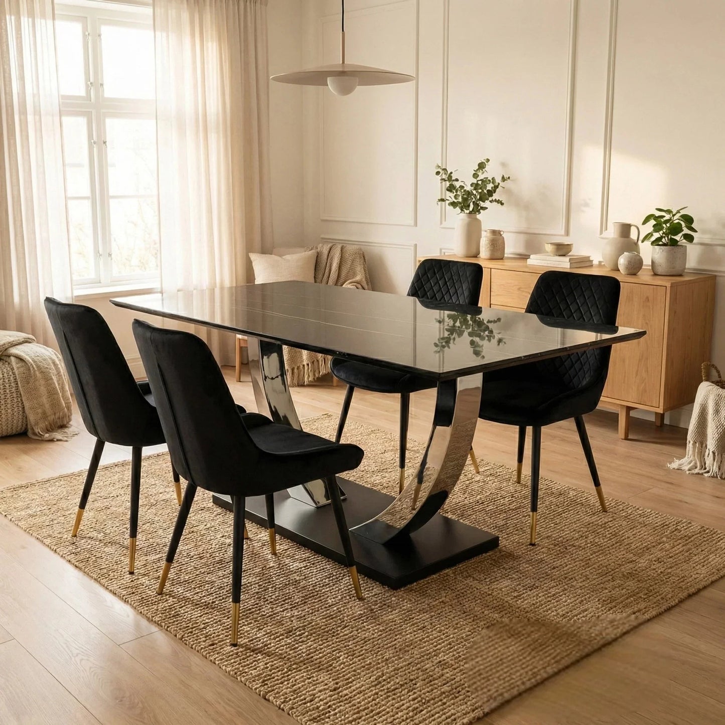 Luxury Valdemar 1.6m Black Sintered Stone Dining Set Chrome Pedestal Base With Lyder Velvet Chairs