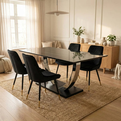 Luxury Valdemar 1.6m Black Sintered Stone Dining Set Chrome Pedestal Base With Lyder Velvet Chairs