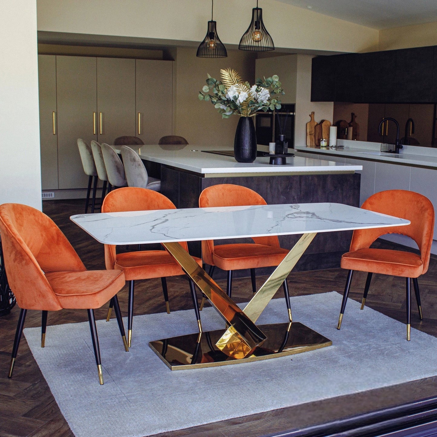 Luxury Vittoria 1.8m Slimline Gold Dining Set White Sintered Stone Table With Bjorn Velvet Chairs