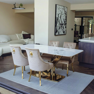 Luxury Vittoria 1.8m Slimline Gold Dining Set White Sintered Stone Table With Henrik Velvet Chairs