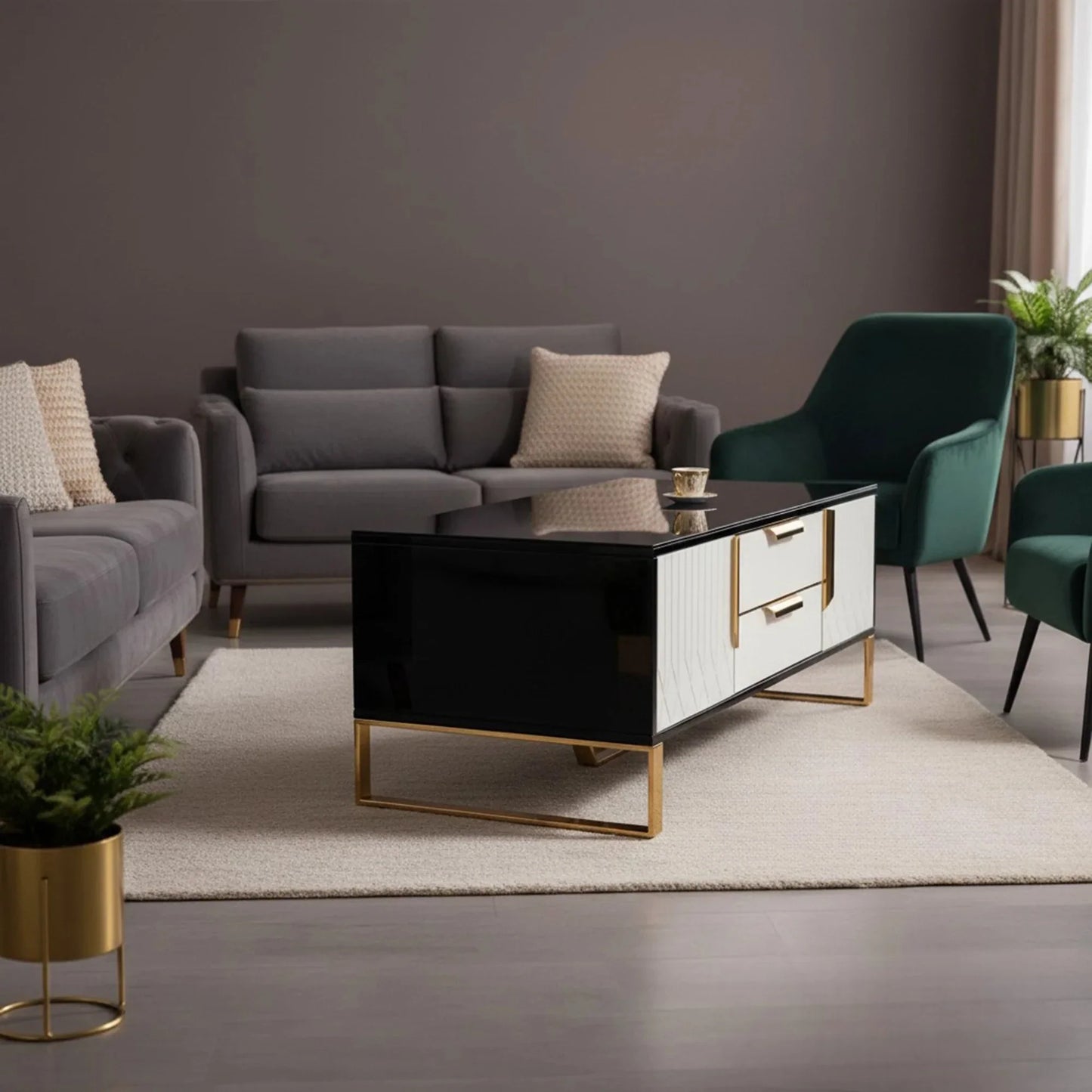 Luxury Alvar 130cm Gold Ribbed Coffee Table With Black Glass Top and Drawers