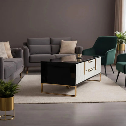 Luxury Alvar 130cm Gold Ribbed Coffee Table With Black Glass Top and Drawers
