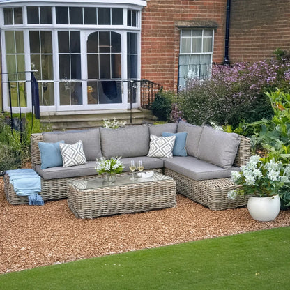 Luxury Amalfi Outdoor Large Corner Sofa Set In Beige Rattan Effect With Glass Coffee Table