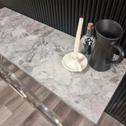 Luxury Arisa Modern Design Chrome Console Table With 120x40cm Stomach Ash Grey Stone Top