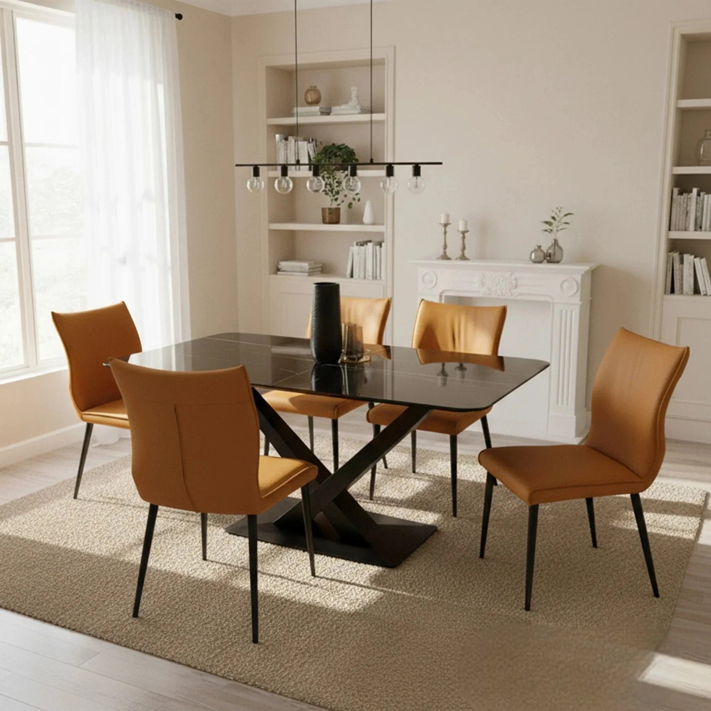 Luxury Arvid 1.6m Black Sintered Stone Dining Set Table With Tan Folke Leather Chairs