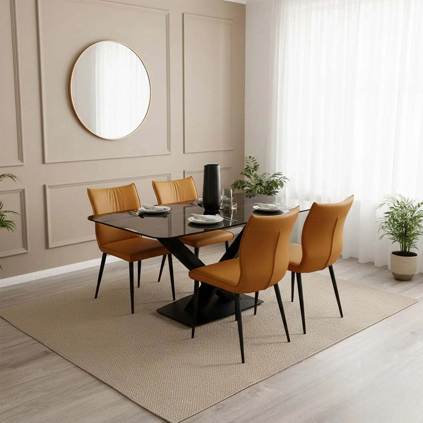 Luxury Arvid 1.6m Black Sintered Stone Dining Set Table With Tan Folke Leather Chairs