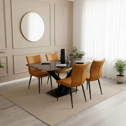 Luxury Arvid 1.6m Black Sintered Stone Dining Set Table With Tan Folke Leather Chairs