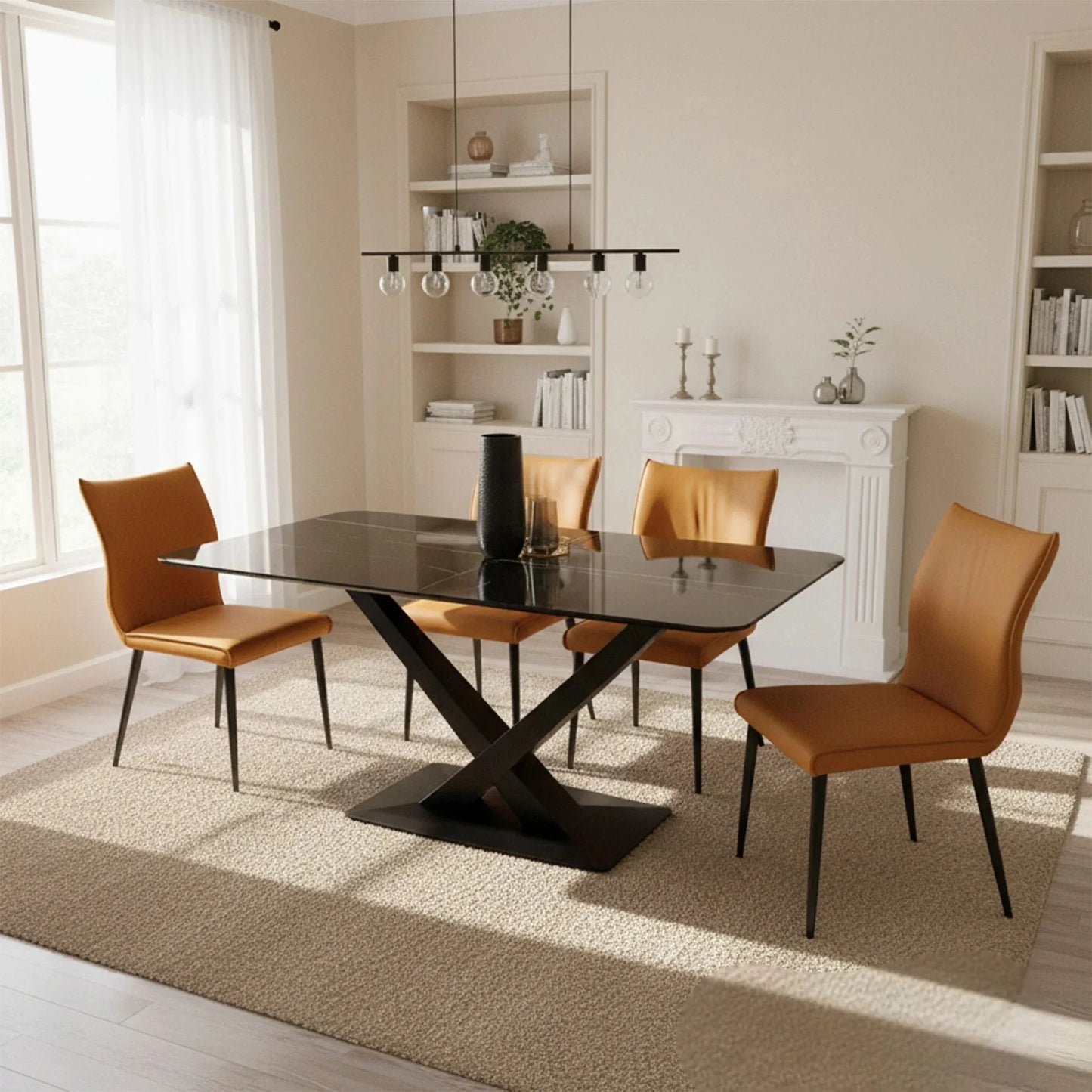 Luxury Arvid 1.6m Black Sintered Stone Dining Set Table With Tan Folke Leather Chairs