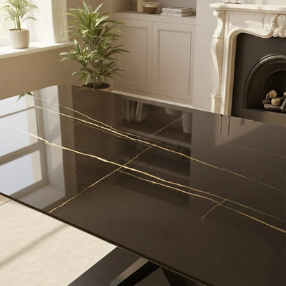 Luxury Arvid 160cm Slimline Oval-Rectangle Black Sintered Stone Dining Table Metal X Leg Stand