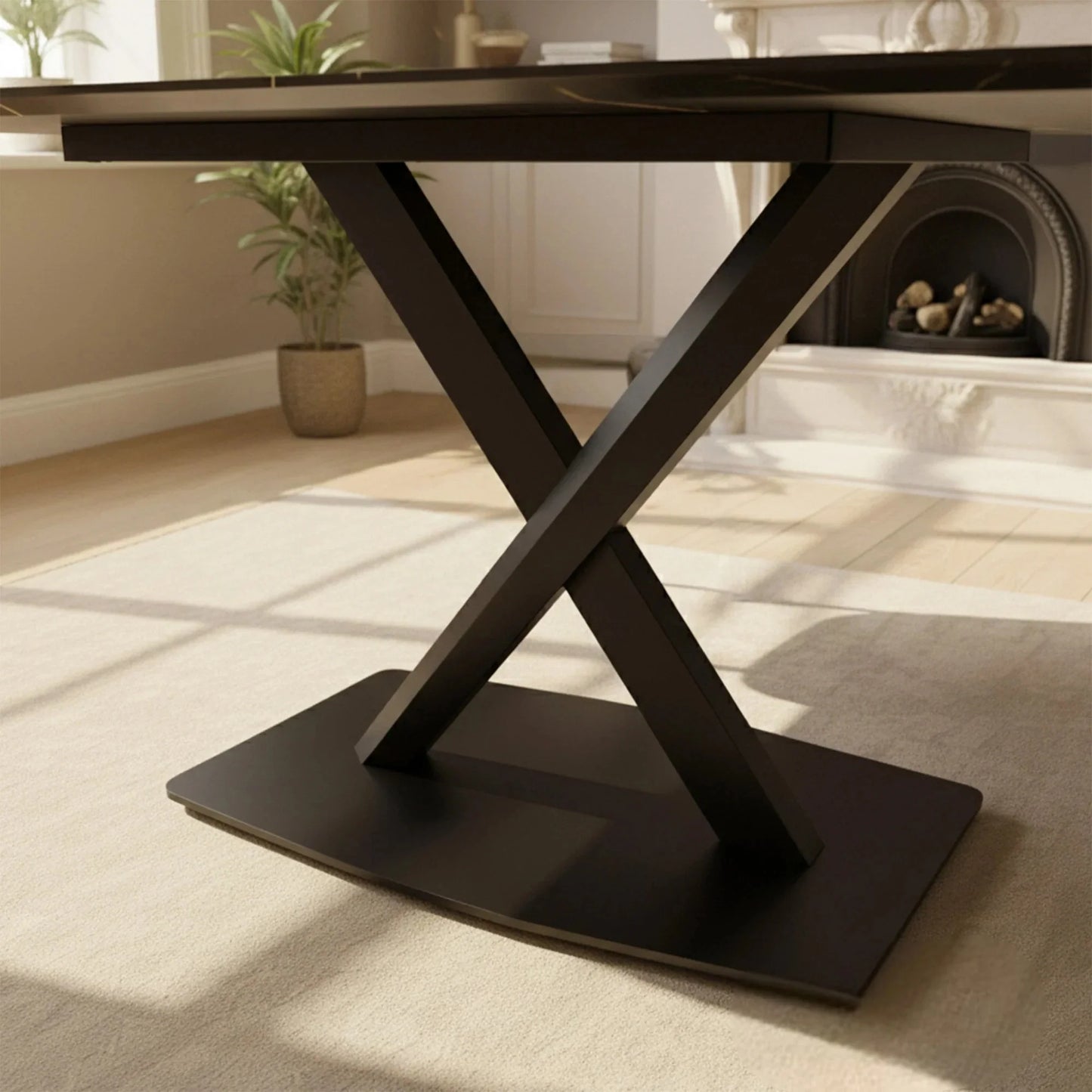 Luxury Arvid 160cm Slimline Oval-Rectangle Black Sintered Stone Dining Table Metal X Leg Stand