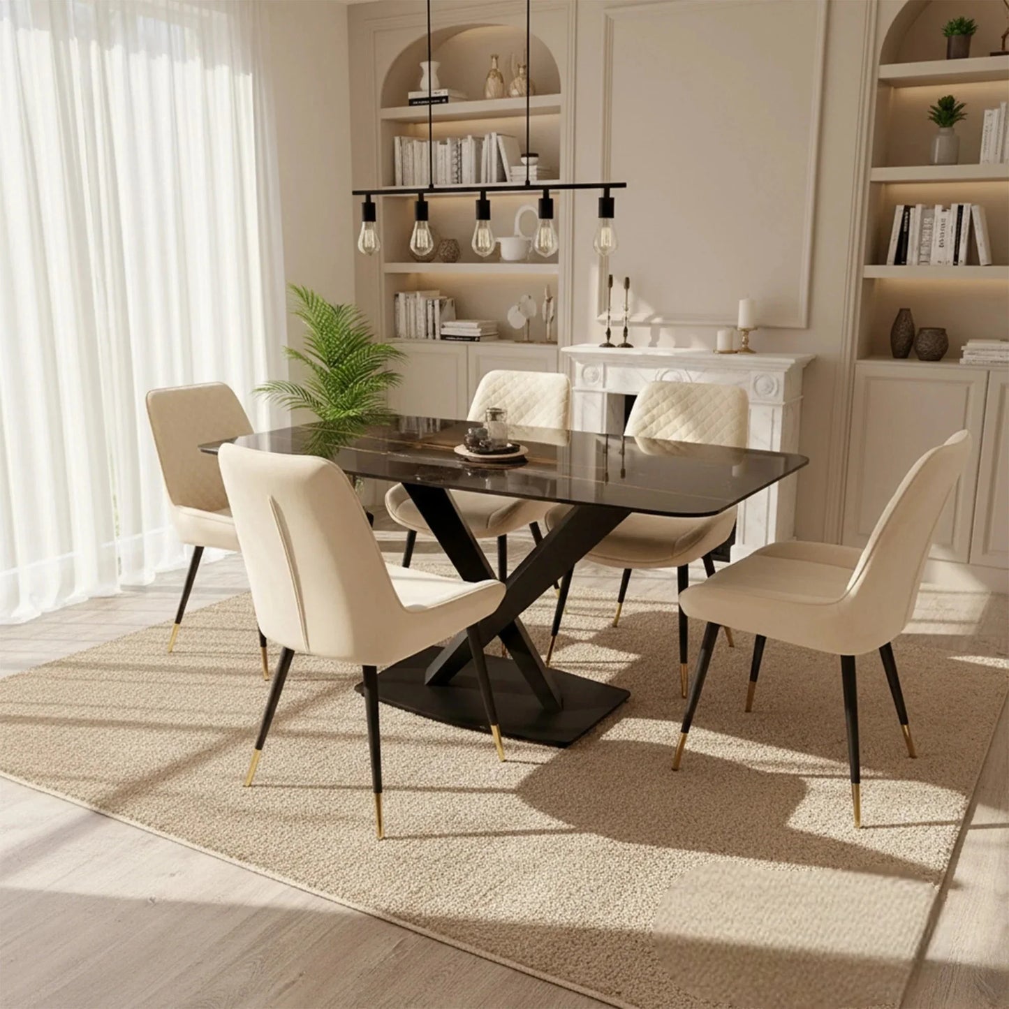 Luxury Arvid 160cm Slimline Oval-Rectangle Black Sintered Stone Dining Table Metal X Leg Stand
