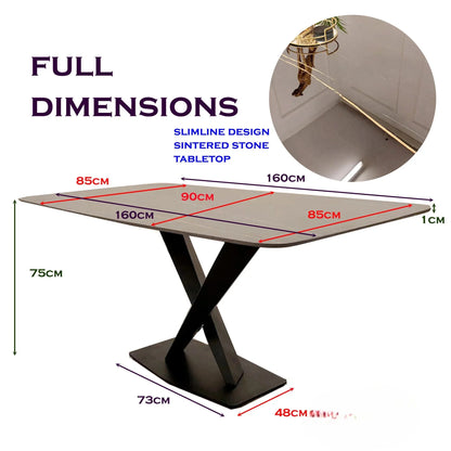 Luxury Arvid 160cm Slimline Oval-Rectangle Black Sintered Stone Dining Table Metal X Leg Stand