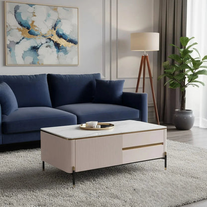 Luxury Bengt 130cm Ribbed Coffee Table With White Stone Top And 2 Drawers
