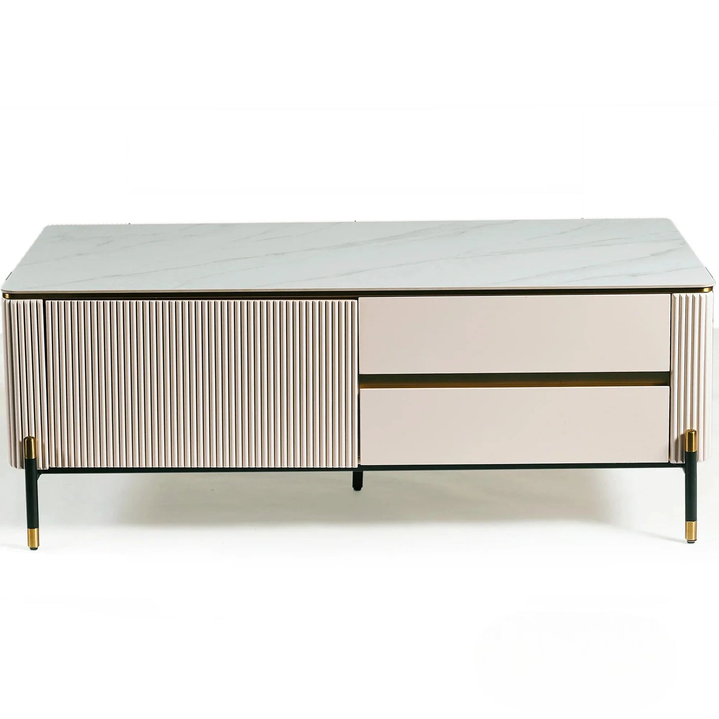 Luxury Bengt 130cm Ribbed Coffee Table With White Stone Top And 2 Drawers