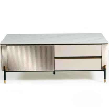 Luxury Bengt 130cm Ribbed Coffee Table With White Stone Top And 2 Drawers