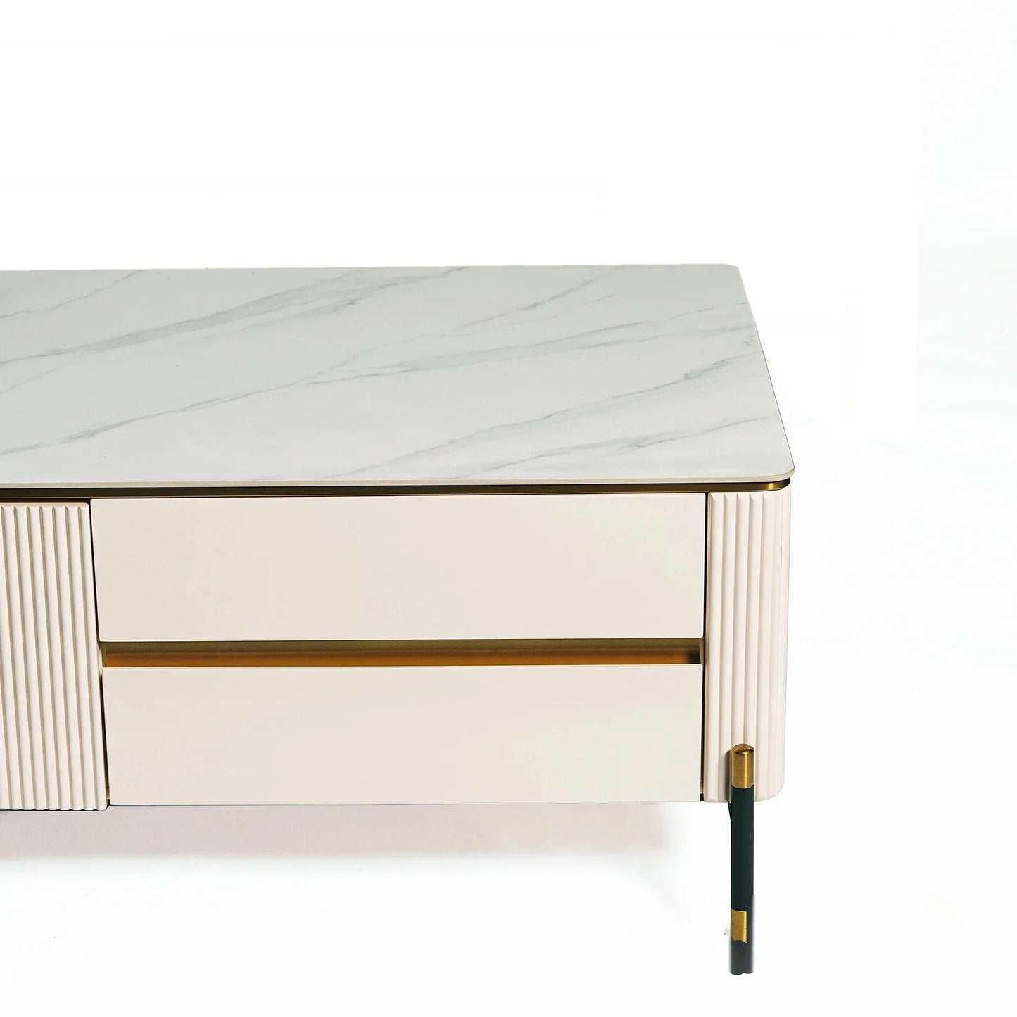 Luxury Bengt 130cm Ribbed Coffee Table With White Stone Top And 2 Drawers