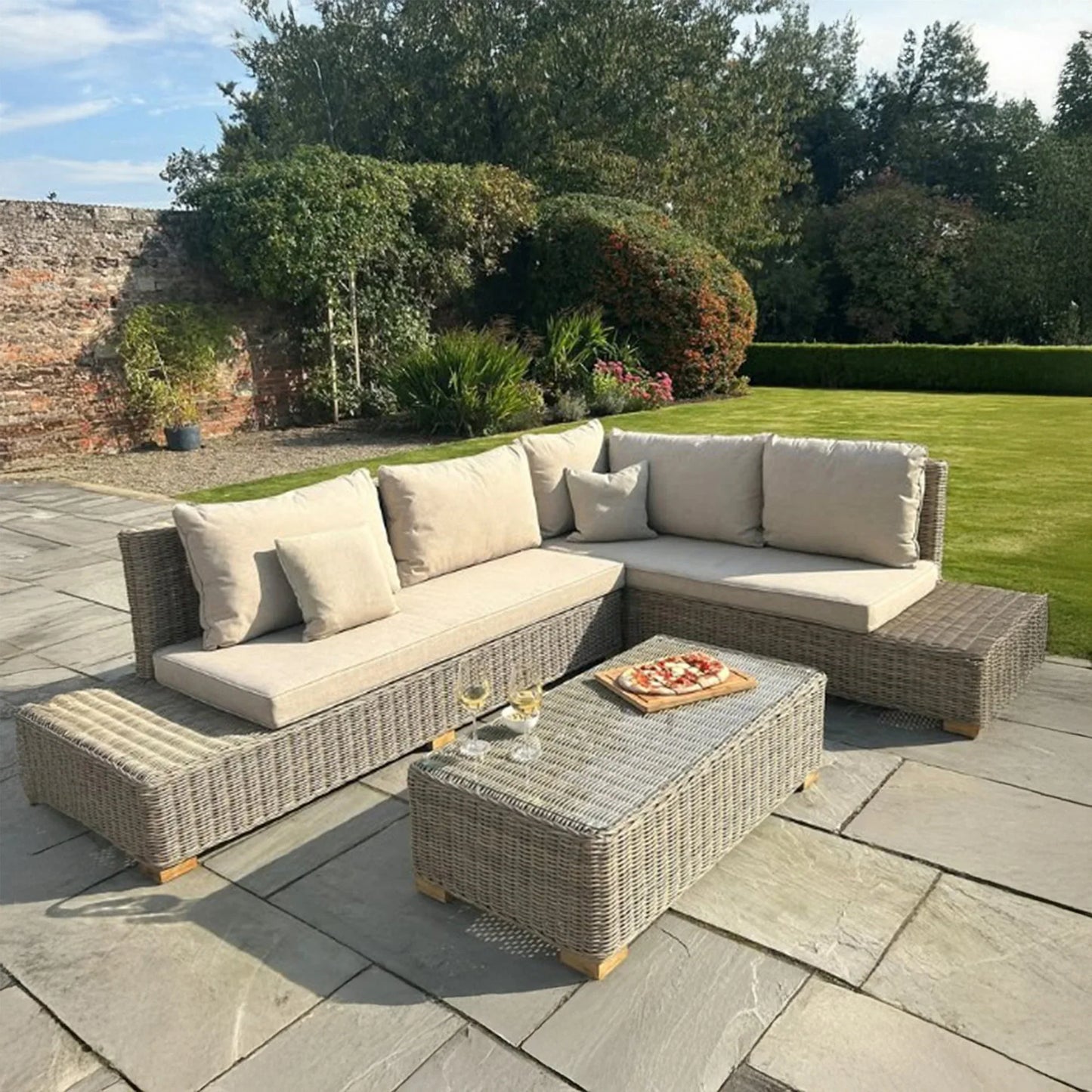Luxury Capri Outdoor Large Corner Sofa Set In Beige Rattan Effect With Glass Coffee Table