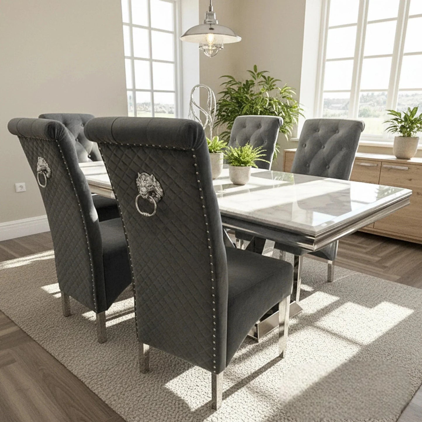 Luxury Einar Dark Grey Velvet Dining Chair With Scroll Top Quilted Back And Chrome Lion Knocker