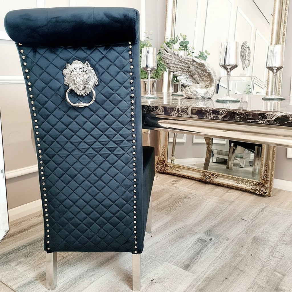 Luxury Einar Dark Grey Velvet Dining Chair With Scroll Top Quilted Back And Chrome Lion Knocker