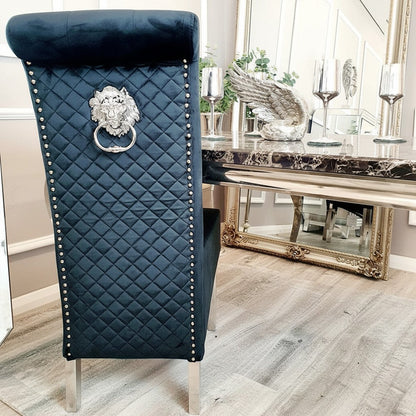 Luxury Einar Dark Grey Velvet Dining Chair With Scroll Top Quilted Back And Chrome Lion Knocker