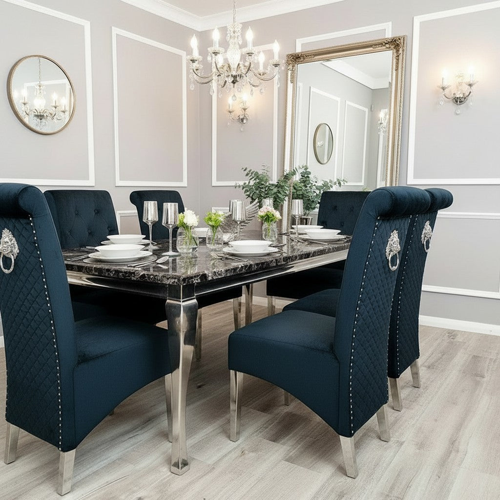 Luxury Einar Dark Grey Velvet Dining Chair With Scroll Top Quilted Back And Chrome Lion Knocker