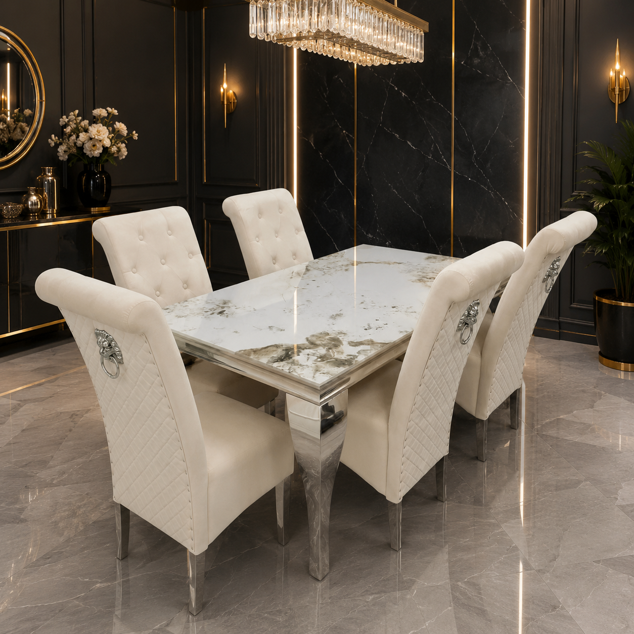 Luxury Einar Dark Grey Velvet Dining Chair With Scroll Top Quilted Back And Chrome Lion Knocker