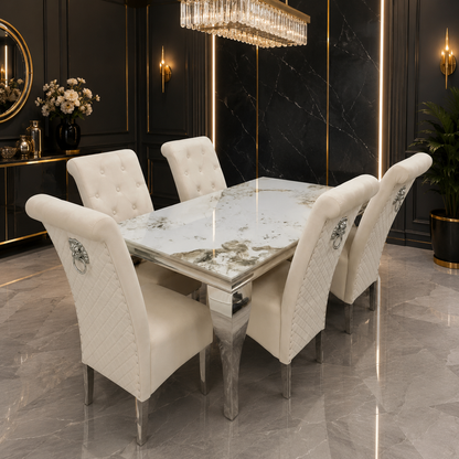 Luxury Einar Dark Grey Velvet Dining Chair With Scroll Top Quilted Back And Chrome Lion Knocker