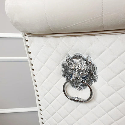 Luxury Einar Dark Grey Velvet Dining Chair With Scroll Top Quilted Back And Chrome Lion Knocker