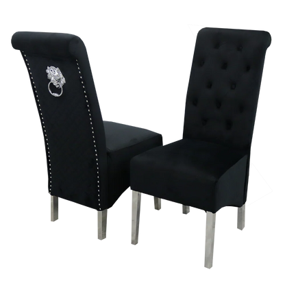 Luxury Einar Dark Grey Velvet Dining Chair With Scroll Top Quilted Back And Chrome Lion Knocker