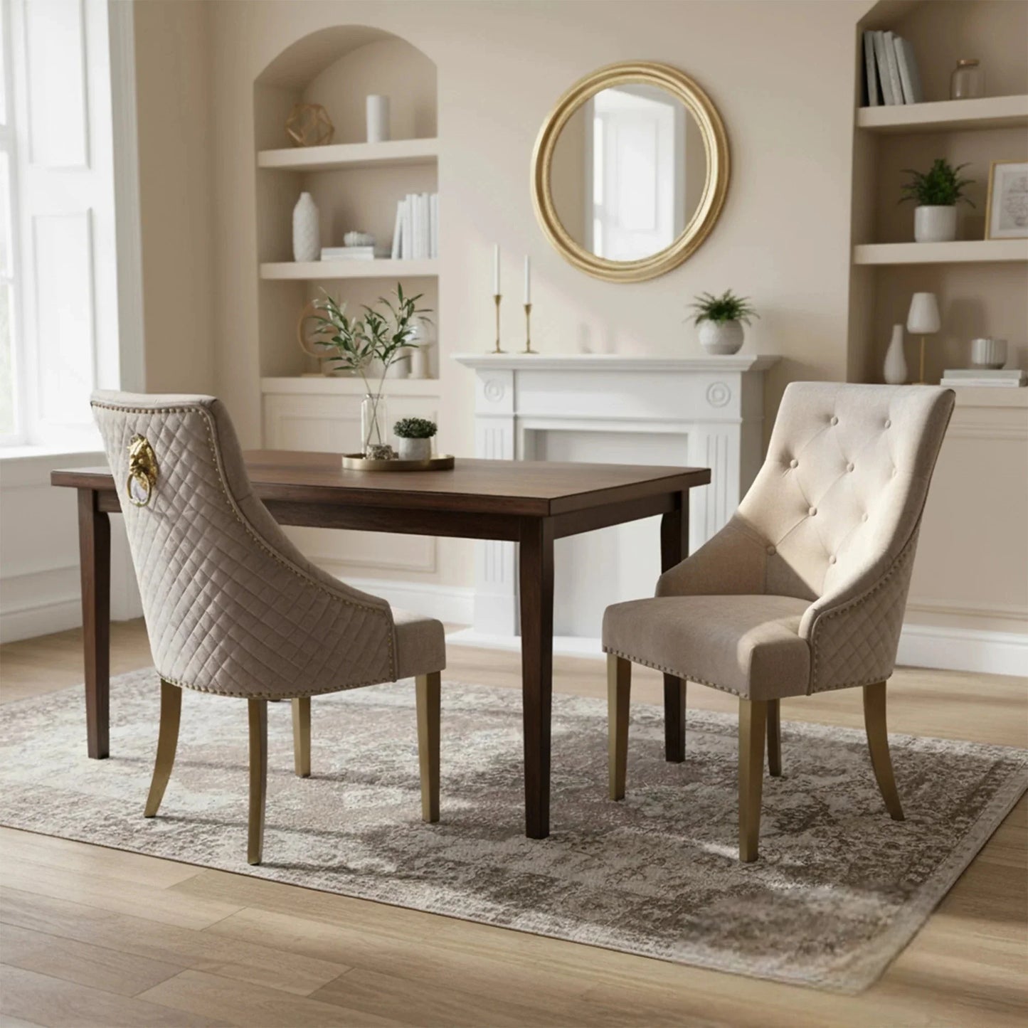 Luxury Henrik Gold Beige Velvet Dining Chair With Studded Detailing And Lion Knocker