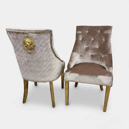 Luxury Henrik Gold Beige Velvet Dining Chair With Studded Detailing And Lion Knocker