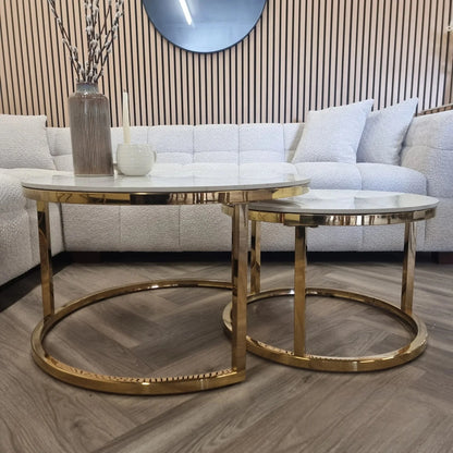 Luxury Kaito Nest of 2 Gold Round Coffee Tables With Polar White Stone Tops