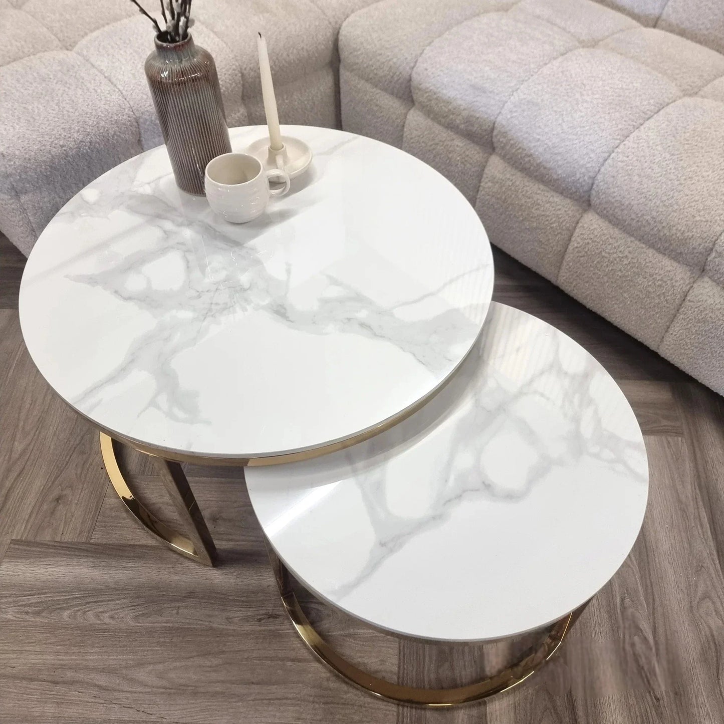Luxury Kaito Nest of 2 Gold Round Coffee Tables With Polar White Stone Tops