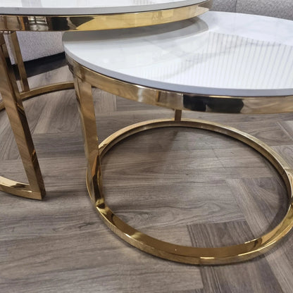 Luxury Kaito Nest of 2 Gold Round Coffee Tables With Polar White Stone Tops
