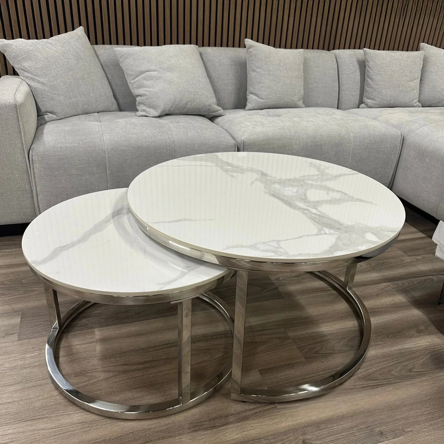 Luxury Kaito Nest of 2 Silver Round Coffee Tables With Polar White Stone Tops