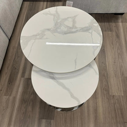 Luxury Kaito Nest of 2 Silver Round Coffee Tables With Polar White Stone Tops