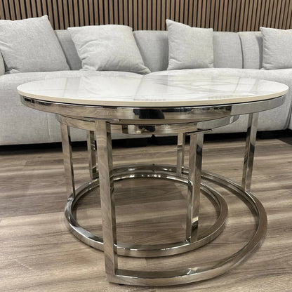 Luxury Kaito Nest of 2 Silver Round Coffee Tables With Polar White Stone Tops