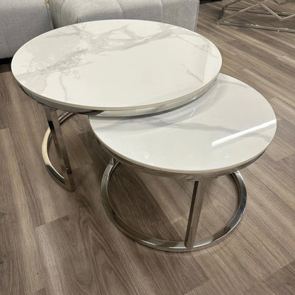 Luxury Kaito Nest of 2 Silver Round Coffee Tables With Polar White Stone Tops