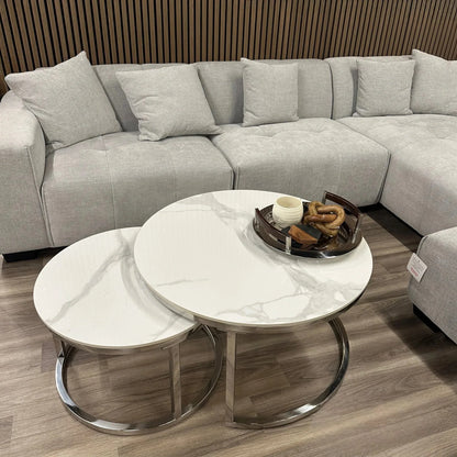 Luxury Kaito Nest of 2 Silver Round Coffee Tables With Polar White Stone Tops