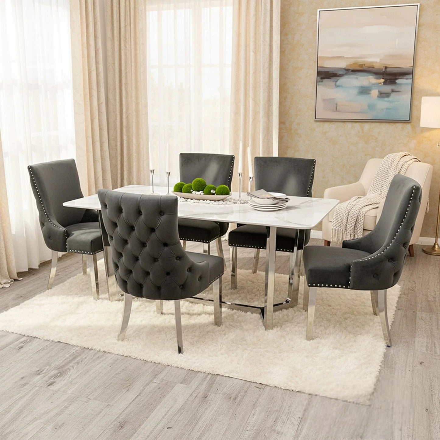 Luxury Loki 1.6m White Sintered Stone Chrome Dining Set Table With Oskar Dark Grey Velvet Chairs