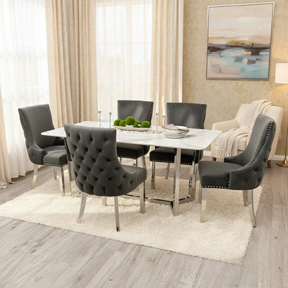 Luxury Loki 1.6m White Sintered Stone Chrome Dining Set Table With Oskar Dark Grey Velvet Chairs