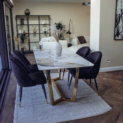 Luxury  Loki 1.8m Gold Dining Set Cream Sintered Stone Table With Bjorn Black Velvet Chairs
