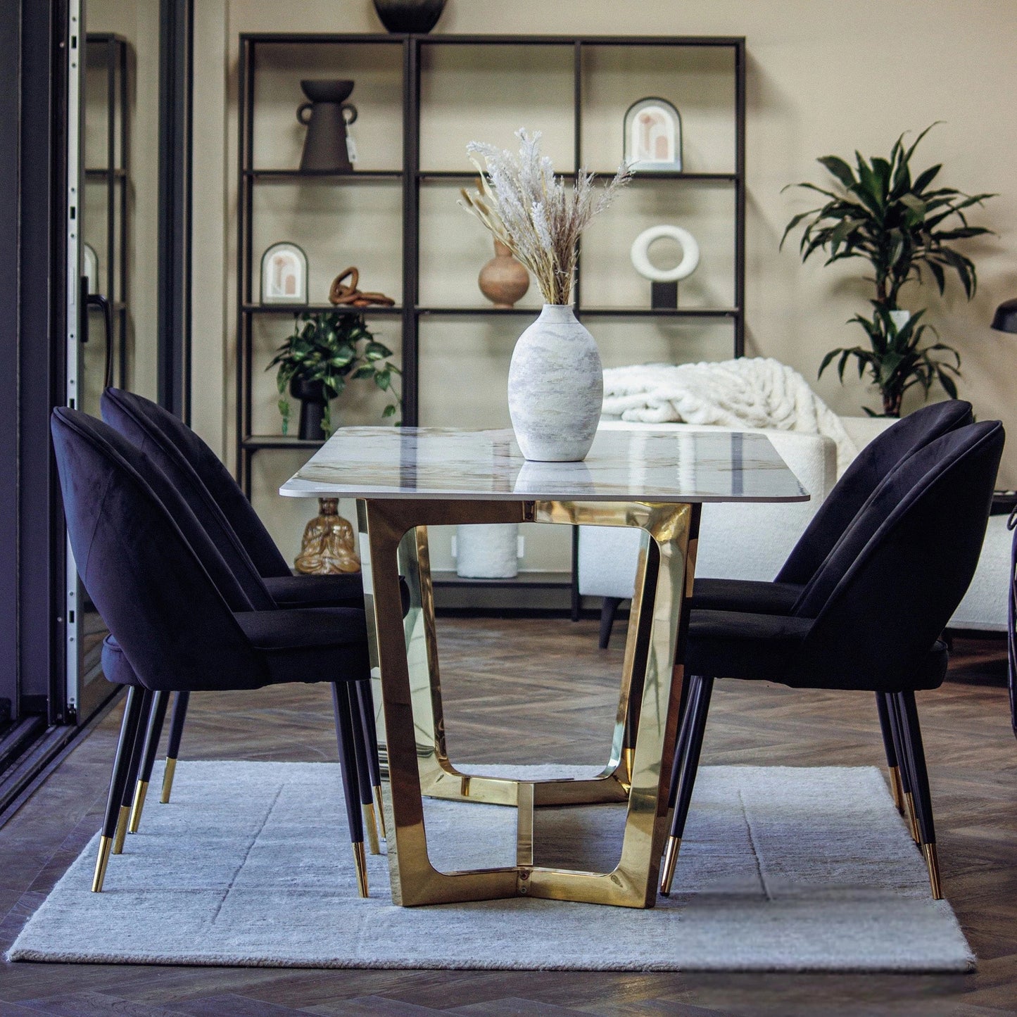 Luxury  Loki 1.8m Gold Dining Set Cream Sintered Stone Table With Bjorn Black Velvet Chairs
